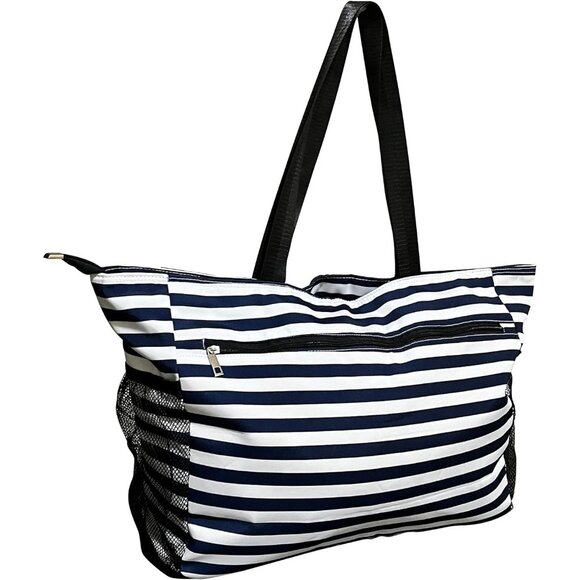 Women's Blue Stripe Tote Bag Large Utility Bag with Pockets Zip for Teacher Work - Picture 1 of 7